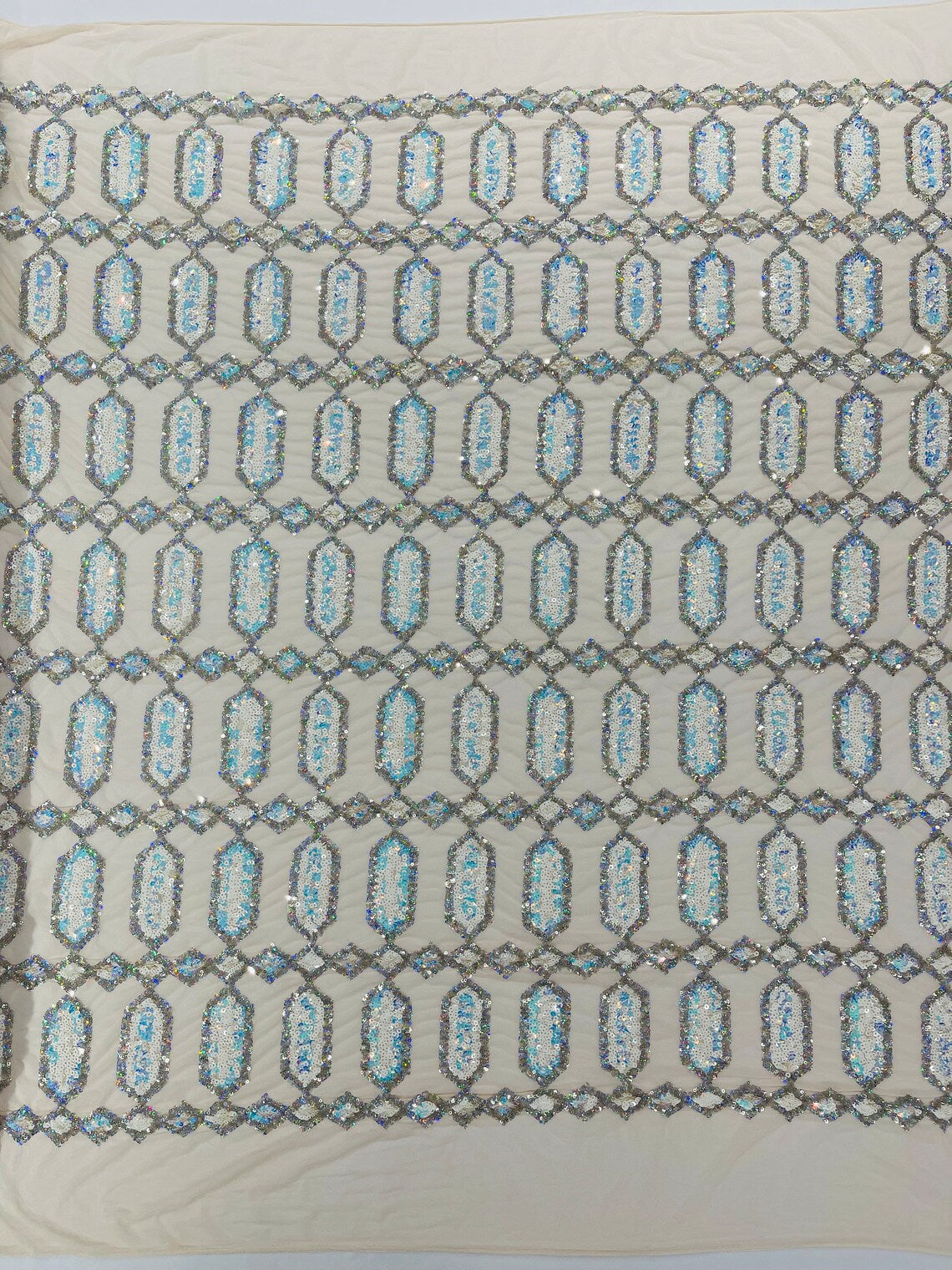 Fancy Gem Jewel Fabric - Aqua Iridescent - Geometric Stretch Sequins Design on Mesh By Yard
