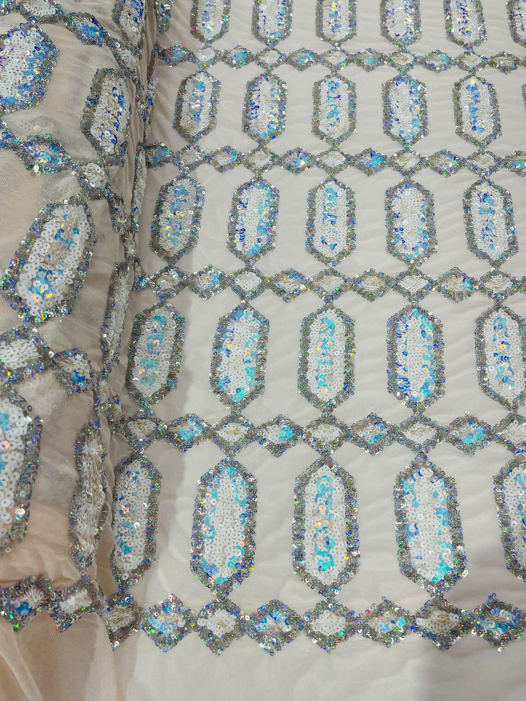 Fancy Gem Jewel Fabric - Aqua Iridescent - Geometric Stretch Sequins Design on Mesh By Yard