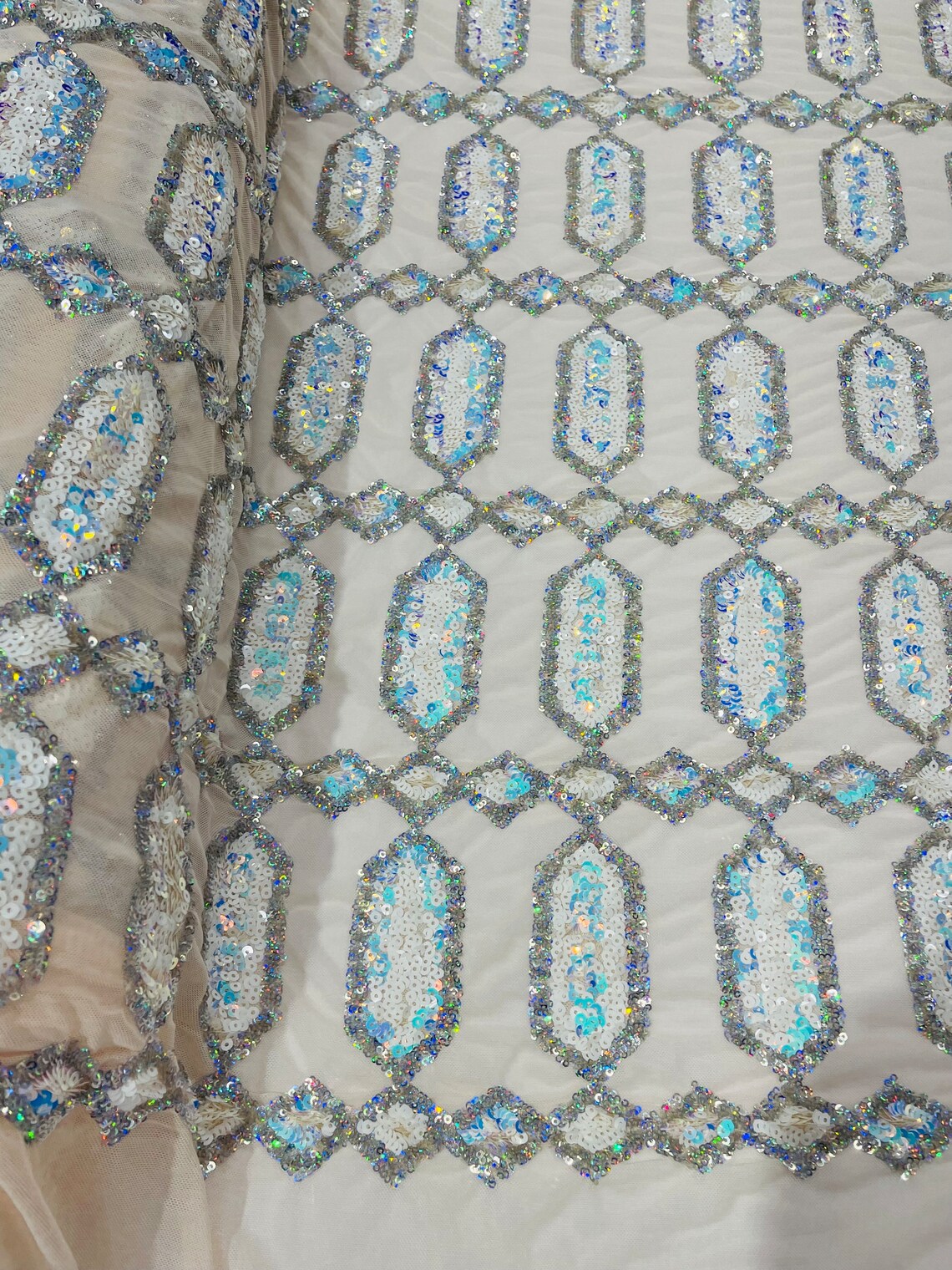 Fancy Gem Jewel Fabric - Aqua Iridescent - Geometric Stretch Sequins Design on Mesh By Yard