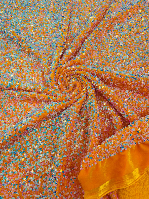 Stretch Velvet Sequins Fabric - Aqua Iridescent on Orange - Velvet Sequins 2 Way Stretch 58/60” By Yard