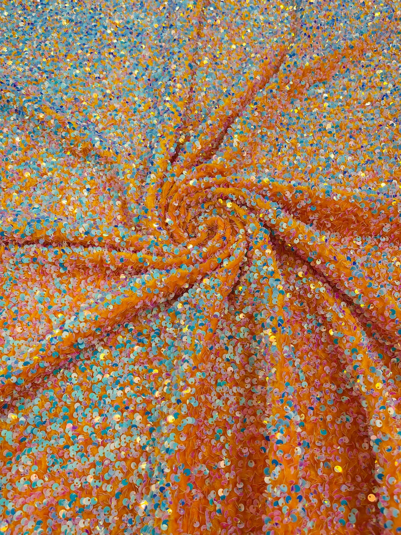 Stretch Velvet Sequins Fabric - Aqua Iridescent on Orange - Velvet Sequins 2 Way Stretch 58/60” By Yard