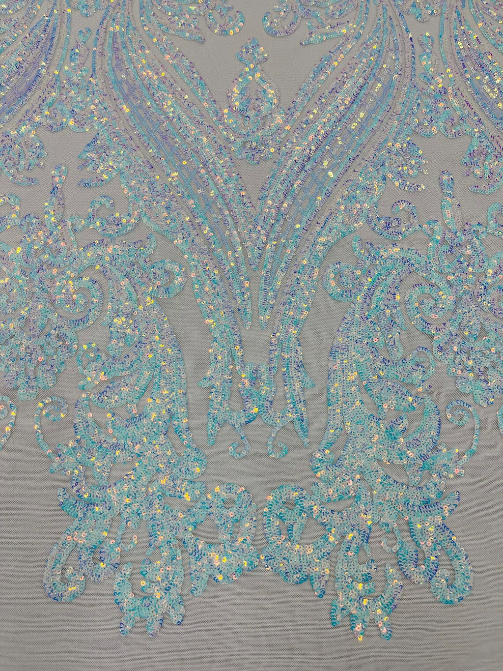 Big Damask Sequins Fabric -  Aqua Iridescent on White - 4 Way Stretch Damask Sequins Design Fabric By Yard