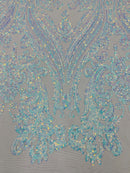Big Damask Sequins Fabric -  Aqua Iridescent on White - 4 Way Stretch Damask Sequins Design Fabric By Yard