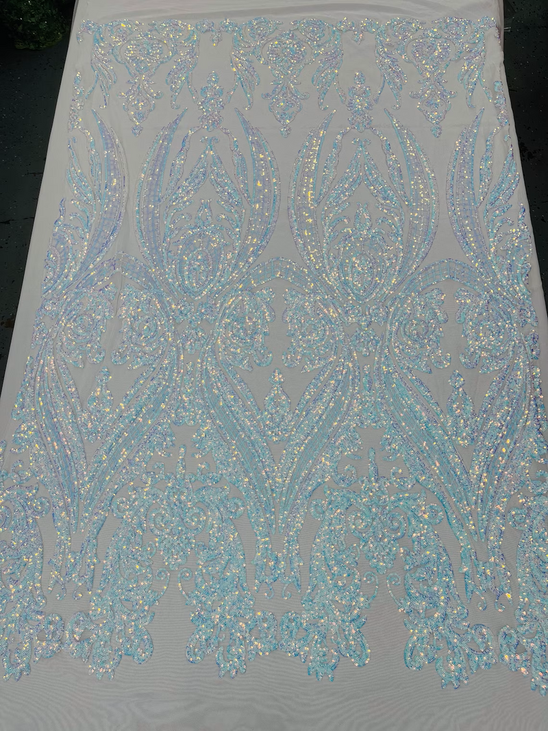 Big Damask Sequins Fabric -  Aqua Iridescent on White - 4 Way Stretch Damask Sequins Design Fabric By Yard