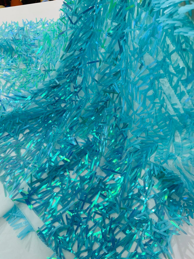 Sword Large Shiny Sequins - Aqua Mint - Hanging Iridescent Sequins On Lace Fabric By Yard