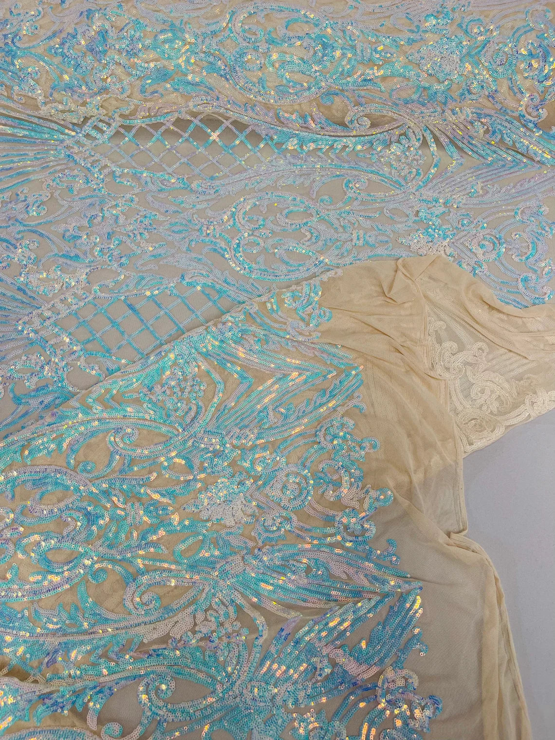 Damask Geometric Sequins - Aqua on Nude Mesh - 4 Way Stretch Sequins Damask Pattern Design Sold By Yard