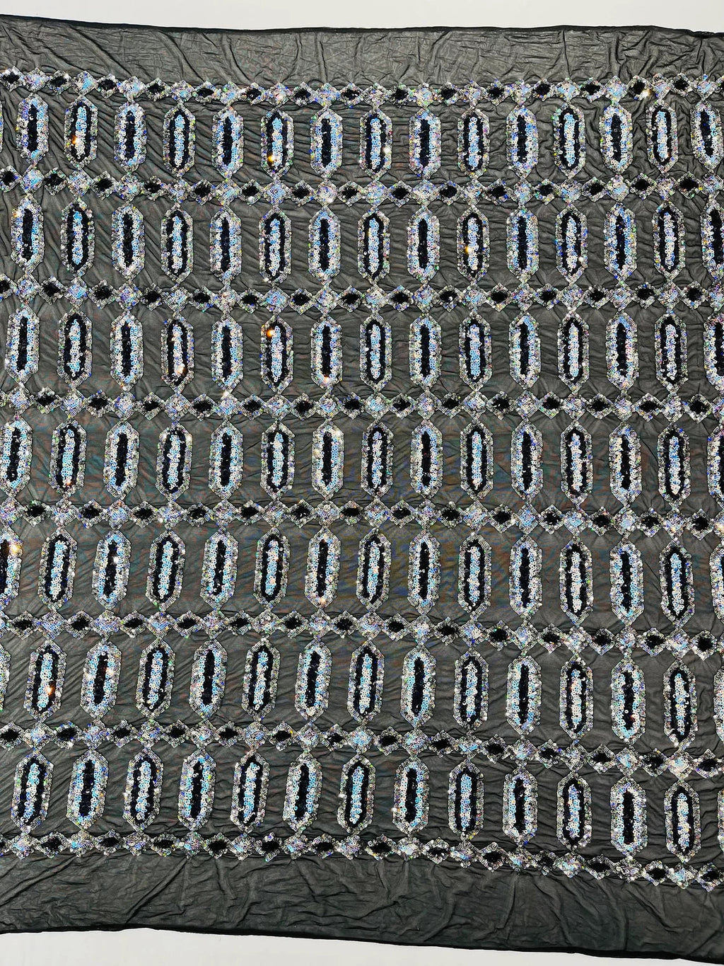 Fancy Gem Jewel Fabric - Aqua on Black - Geometric Stretch Sequins Design on Mesh By Yard