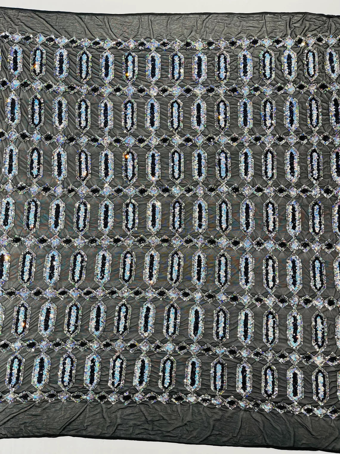 Fancy Gem Jewel Fabric - Aqua on Black - Geometric Stretch Sequins Design on Mesh By Yard