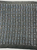 Fancy Gem Jewel Fabric - Aqua on Black - Geometric Stretch Sequins Design on Mesh By Yard