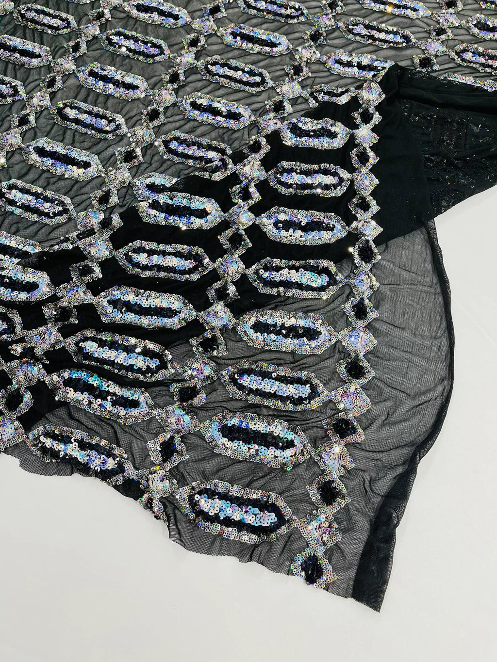 Fancy Gem Jewel Fabric - Aqua on Black - Geometric Stretch Sequins Design on Mesh By Yard