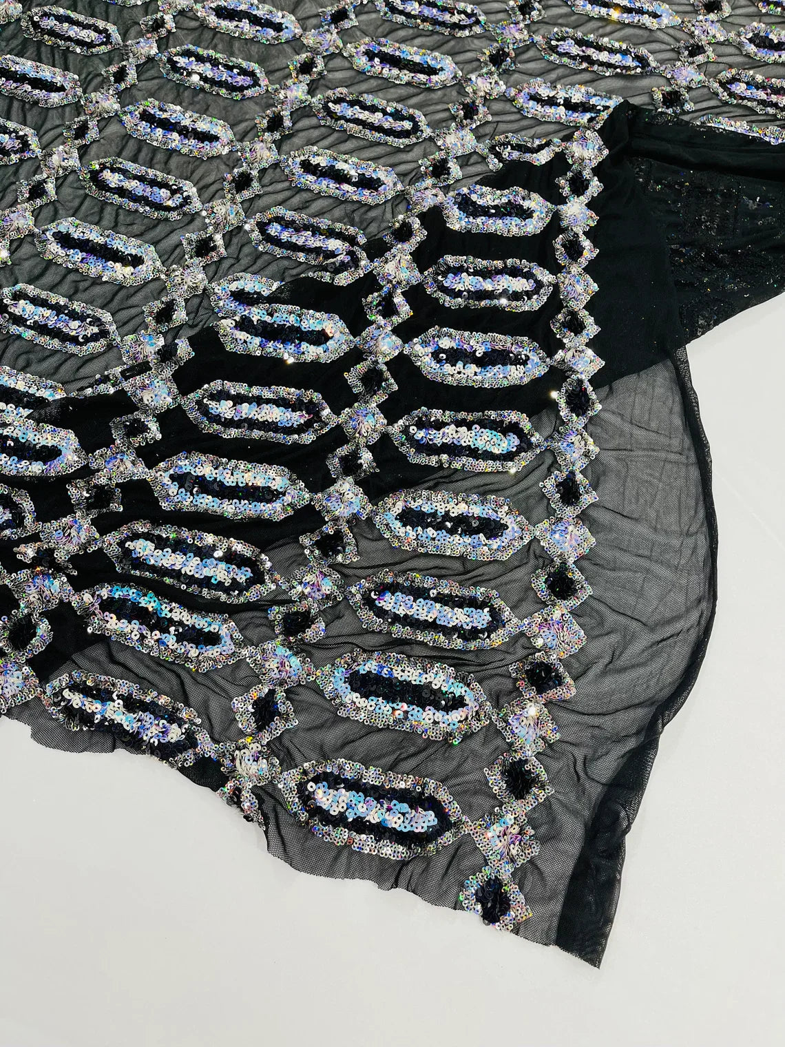 Fancy Gem Jewel Fabric - Aqua on Black - Geometric Stretch Sequins Design on Mesh By Yard