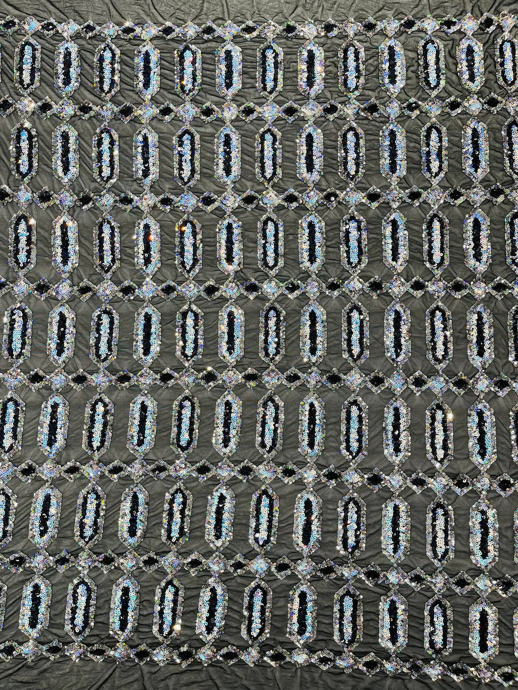 Fancy Gem Jewel Fabric - Aqua on Black - Geometric Stretch Sequins Design on Mesh By Yard