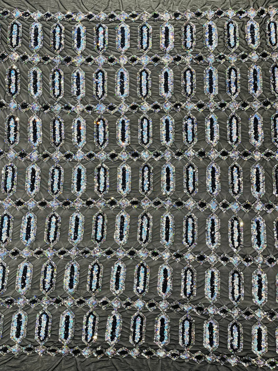 Fancy Gem Jewel Fabric - Aqua on Black - Geometric Stretch Sequins Design on Mesh By Yard