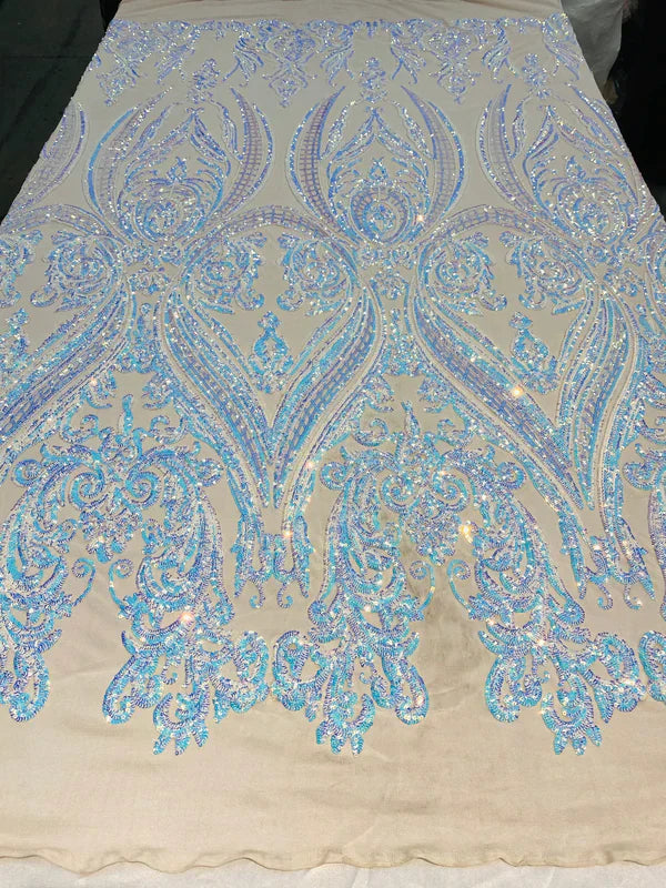 Damask Sequins Fabric - 4 Way Stretch Big Damask Sequins Fabric - Pick Color - 25 Yard Roll