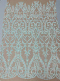 4 Way Stretch - Aqua on Nude - Sequins Damask Design Fabric Embroidered On Mesh Sold By The Yard