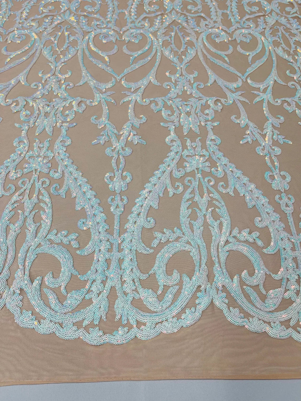 4 Way Stretch - Aqua on Nude - Sequins Damask Design Fabric Embroidered On Mesh Sold By The Yard
