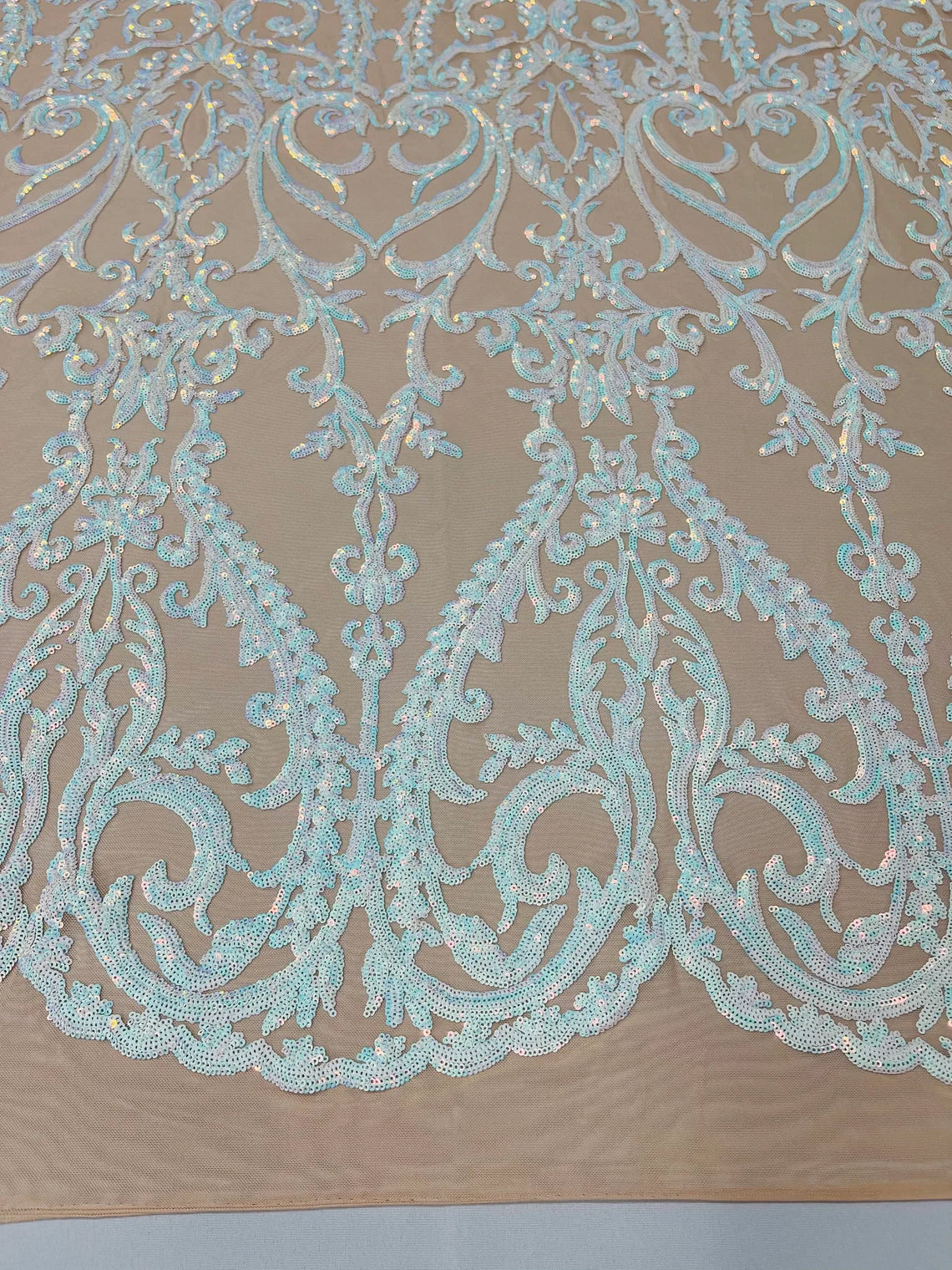 4 Way Stretch - Aqua on Nude - Sequins Damask Design Fabric Embroidered On Mesh Sold By The Yard