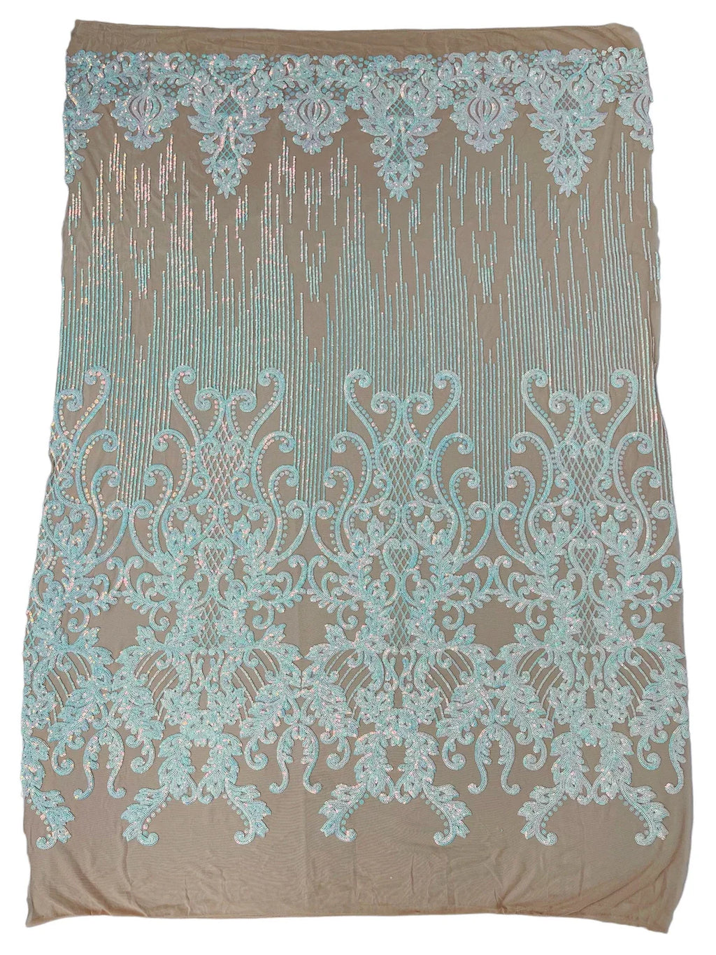Damask Line Pattern - Aqua on Nude - 4 Way Stretch Damask Sequins Line Fabric Sold By Yard