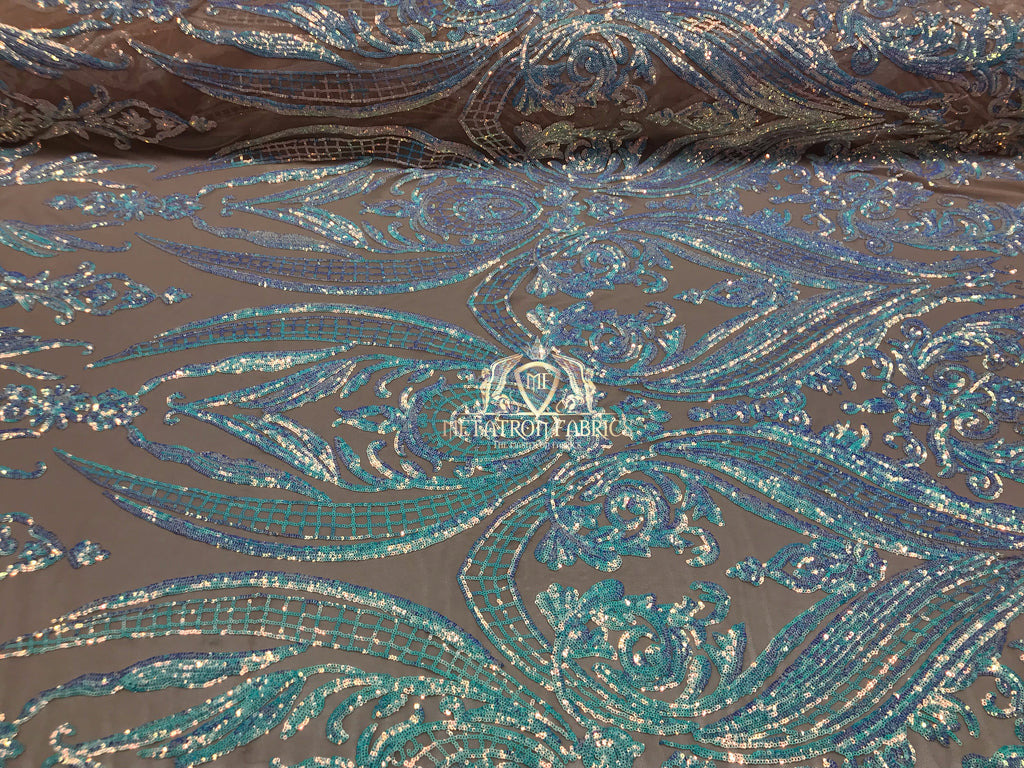 Big Damask Sequins Fabric - Iridescent Aqua - 4 Way Stretch Damask Sequins Design Fabric By Yard