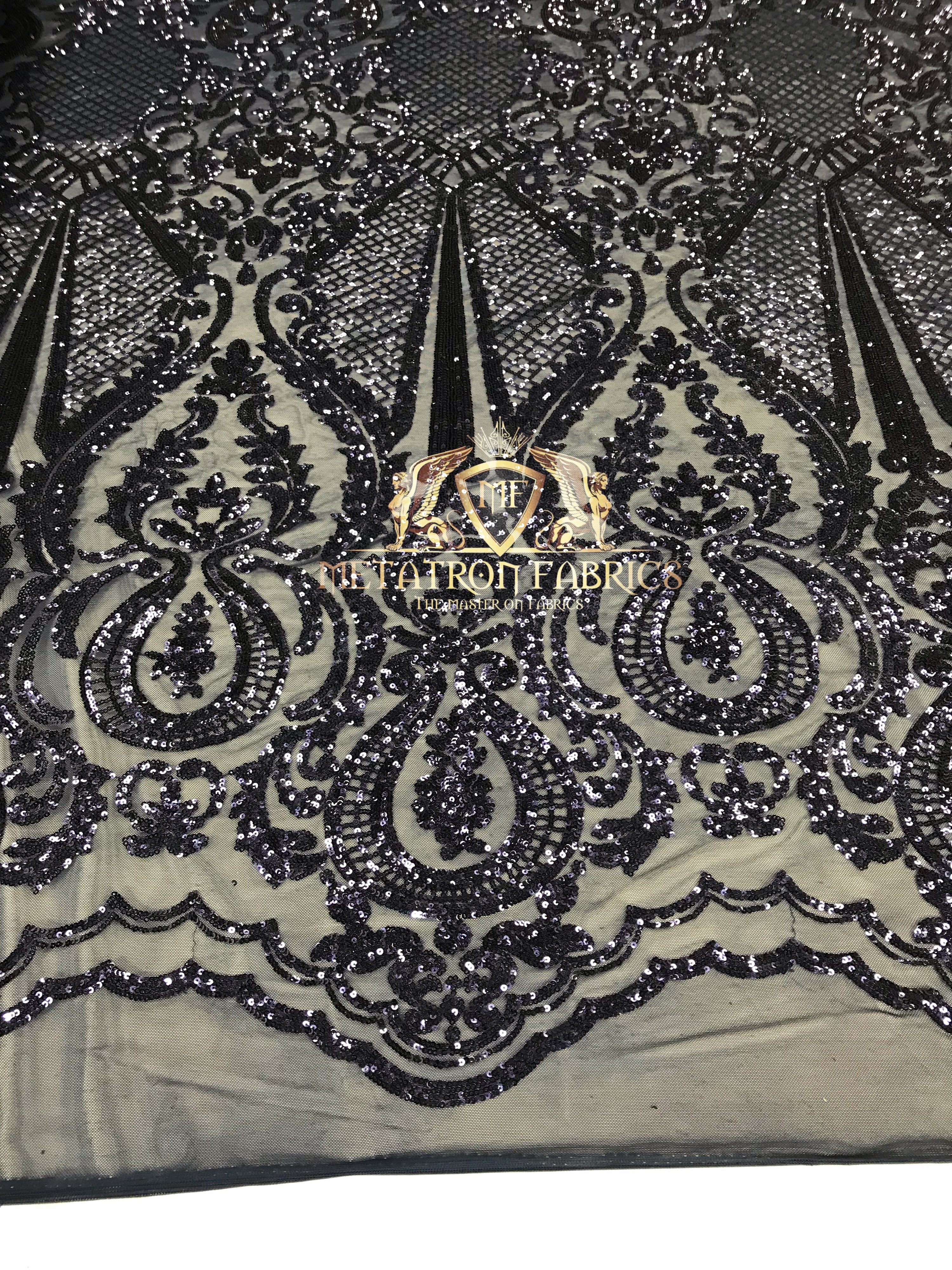 Sequins - Navy - 4 Way Stretch Fancy Fabric Embroidered On Mesh Sold By The Yard