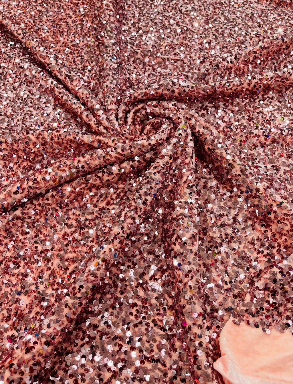 Rose Gold Velvet Stretch Sequins - Sequins on 2 Way Stretch Velvet Fabric 58/60”