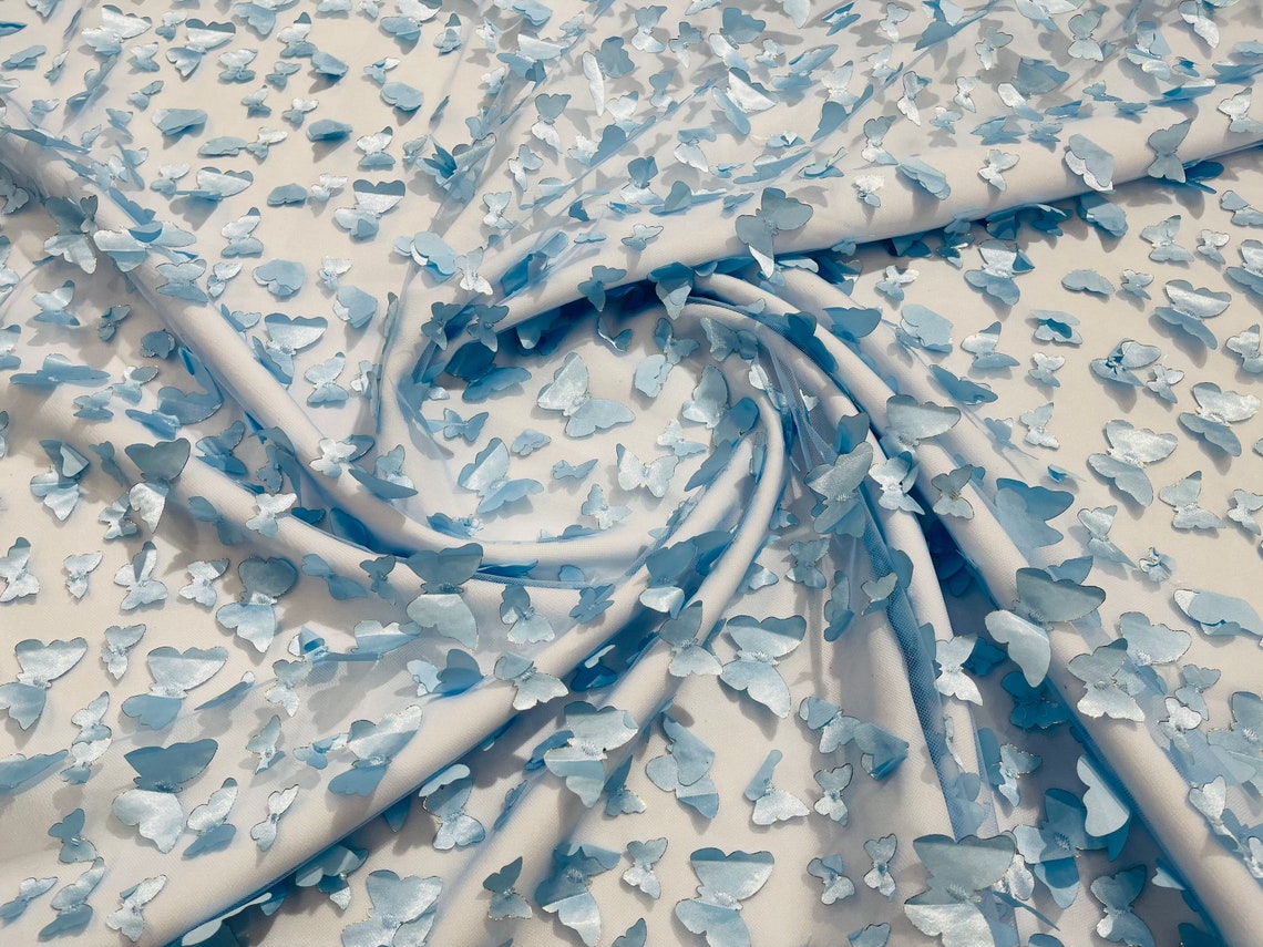 3D Butterfly Design Lace - Baby Blue - Embroidered Lace with 3D Butterfly Design By Yard