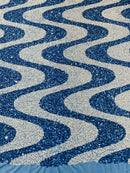 Wavy Line Velvet Sequins - Baby Blue / White - Velvet Sequins 2 Way Stretch Fabric 58/60” By Yard