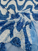 Wavy Line Velvet Sequins - Baby Blue / White - Velvet Sequins 2 Way Stretch Fabric 58/60” By Yard
