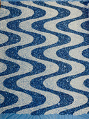 Wavy Line Velvet Sequins - Baby Blue / White - Velvet Sequins 2 Way Stretch Fabric 58/60” By Yard