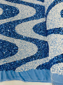 Wavy Line Velvet Sequins - Baby Blue / White - Velvet Sequins 2 Way Stretch Fabric 58/60” By Yard