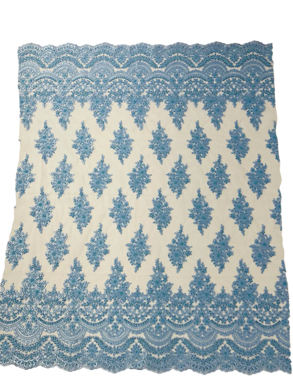 Beaded Flower Cluster Fabric - Baby Blue - Embroidered Beaded Fancy Border Floral Fabric Sold By Yard