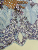King Damask Design Fabric - Baby Blue - Embroidered Corded Mesh Lace Fabric with Sequins By Yard