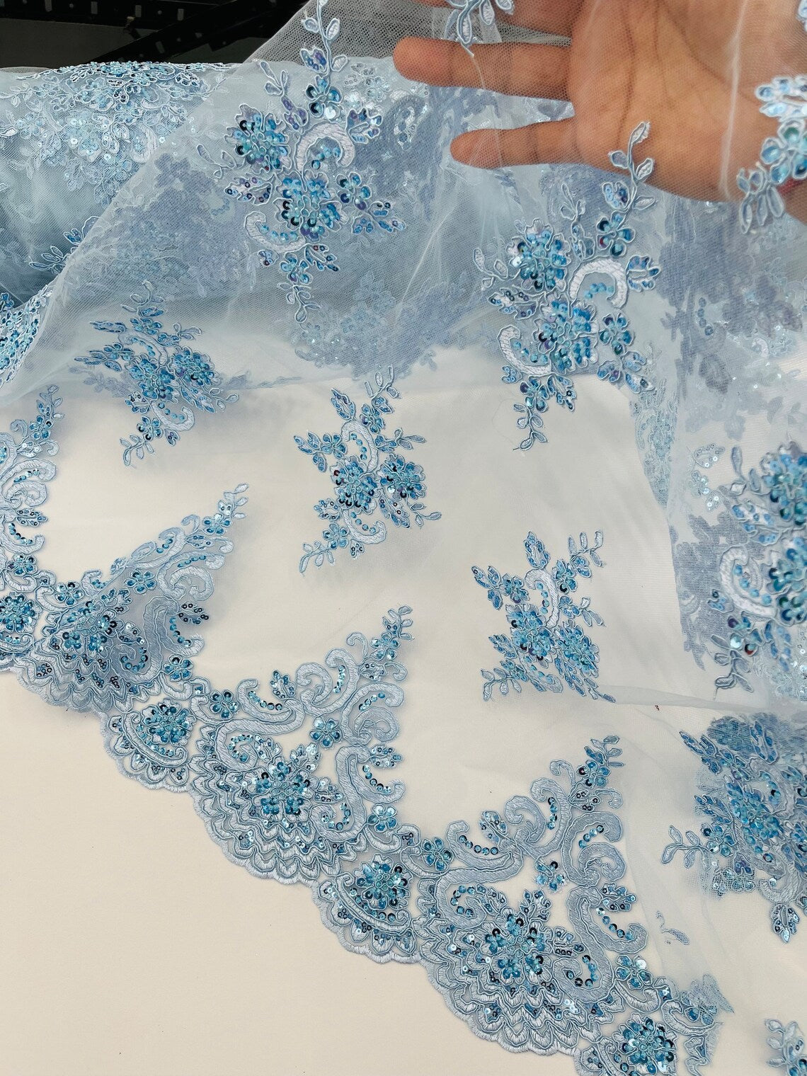 Beaded Floral Fabric - Baby Blue - Floral Cluster Design Fabric with Damask Border by Yard