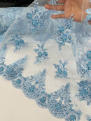 Beaded Floral Fabric - Baby Blue - Floral Cluster Design Fabric with Damask Border by Yard