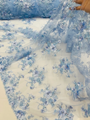 3D Flower Sequins Design - Baby Blue - Embroidered Pearl Sequins Floral Clusters Lace Fabric By Yard