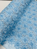 Satin Rosette Sequins Fabric - Baby Blue - 3D Rosette Satin Rose Fabric with Sequins By Yard