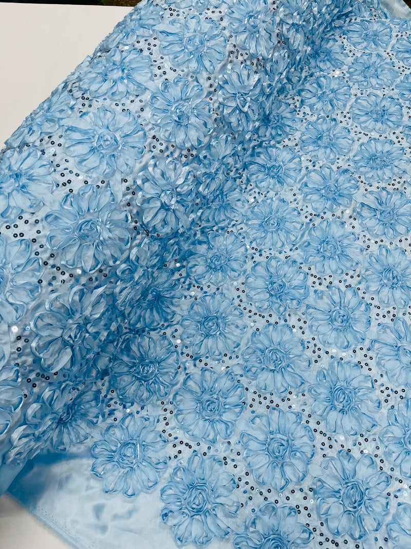 Satin Rosette Sequins Fabric - Baby Blue - 3D Rosette Satin Rose Fabric with Sequins By Yard