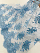 Floral Damask Lace Fabric - Baby Blue - Embroidered Damask Flowers on Lace Fabric By Yard