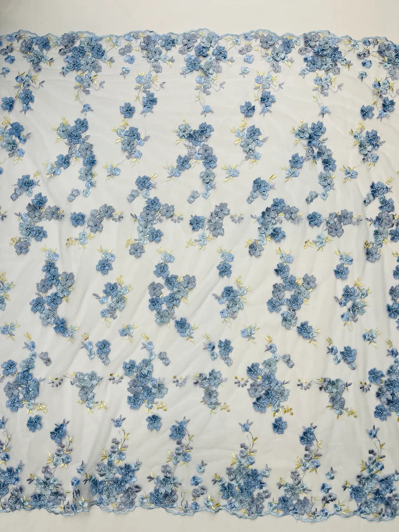 Multi-Color 3D Flower Fabric - Baby Blue - Multi-Tone 3D Flower Lace Fabrics Sold By Yard