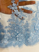 Corded Floral 3D Fabric - Baby Blue - Embroidered Floral Design on Lace Mesh Fabric by Yard