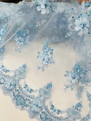 3D Floral Pearl Design - Baby Blue - Floral Embroidered Pearls and Sequins Fabric By Yard