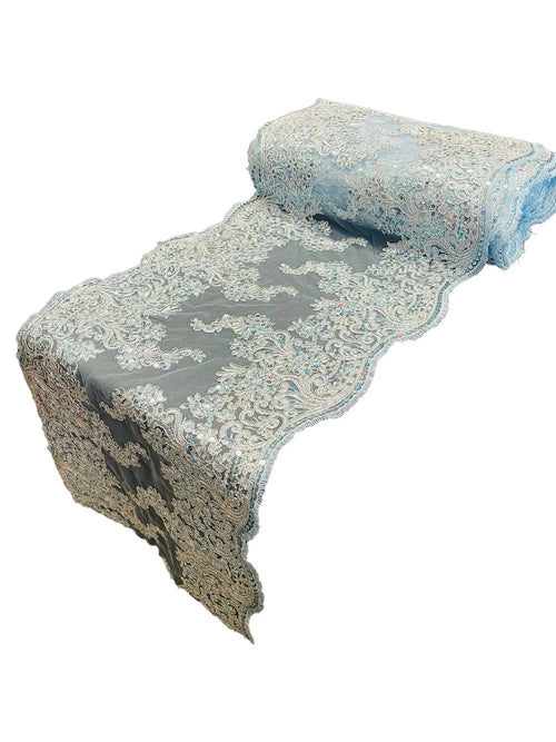 14" Metallic Floral Design Lace Table Runner - Baby Blue - Event Table Decor Runner Sold By Yard