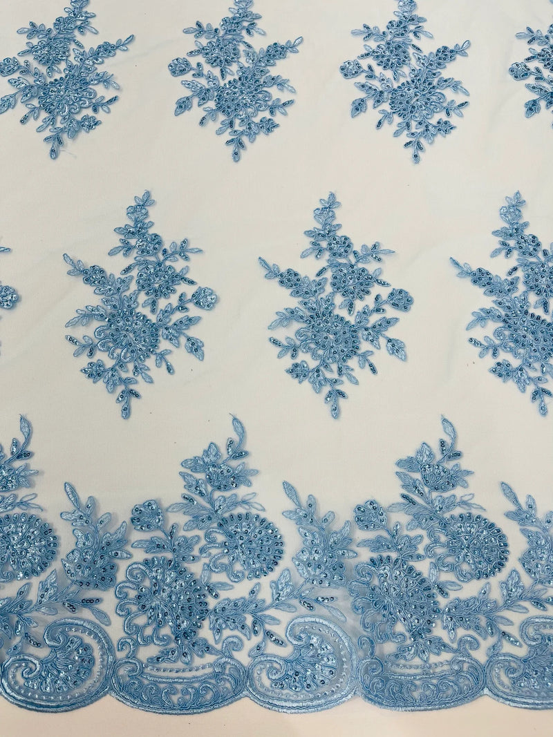 Floral Lace Flower Fabric - Baby Blue - Floral Embroidered Fabric with Sequins on Lace By Yard