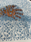 Shimmer Glitter Flower Fabric - Baby Blue - Small Glitter Flower Design on Lace Sold By Yard