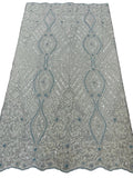 Bead Fashion Damask Fabric - Baby Blue - Beaded Sequins Geometric Design on Mesh Sold By Yard