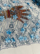 3D Glitter Floral Design Fabric - Baby Blue - Floral Line Design Embroidered Sequins Fabric by Yard