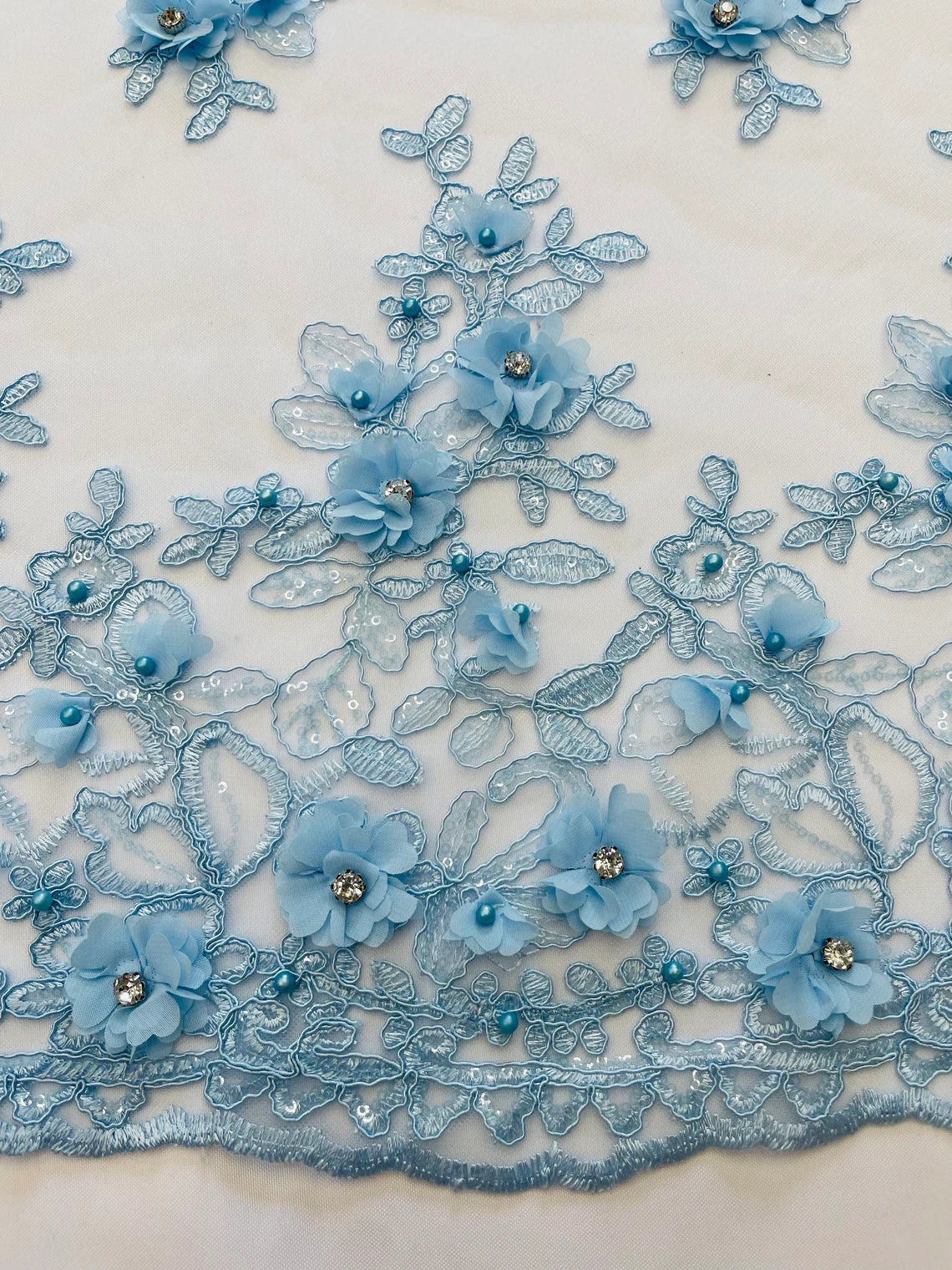 3D Embroidered Floral Fabric - Baby Blue - 3D Rhinestone and Sequins Floral Fabric Sold By Yard