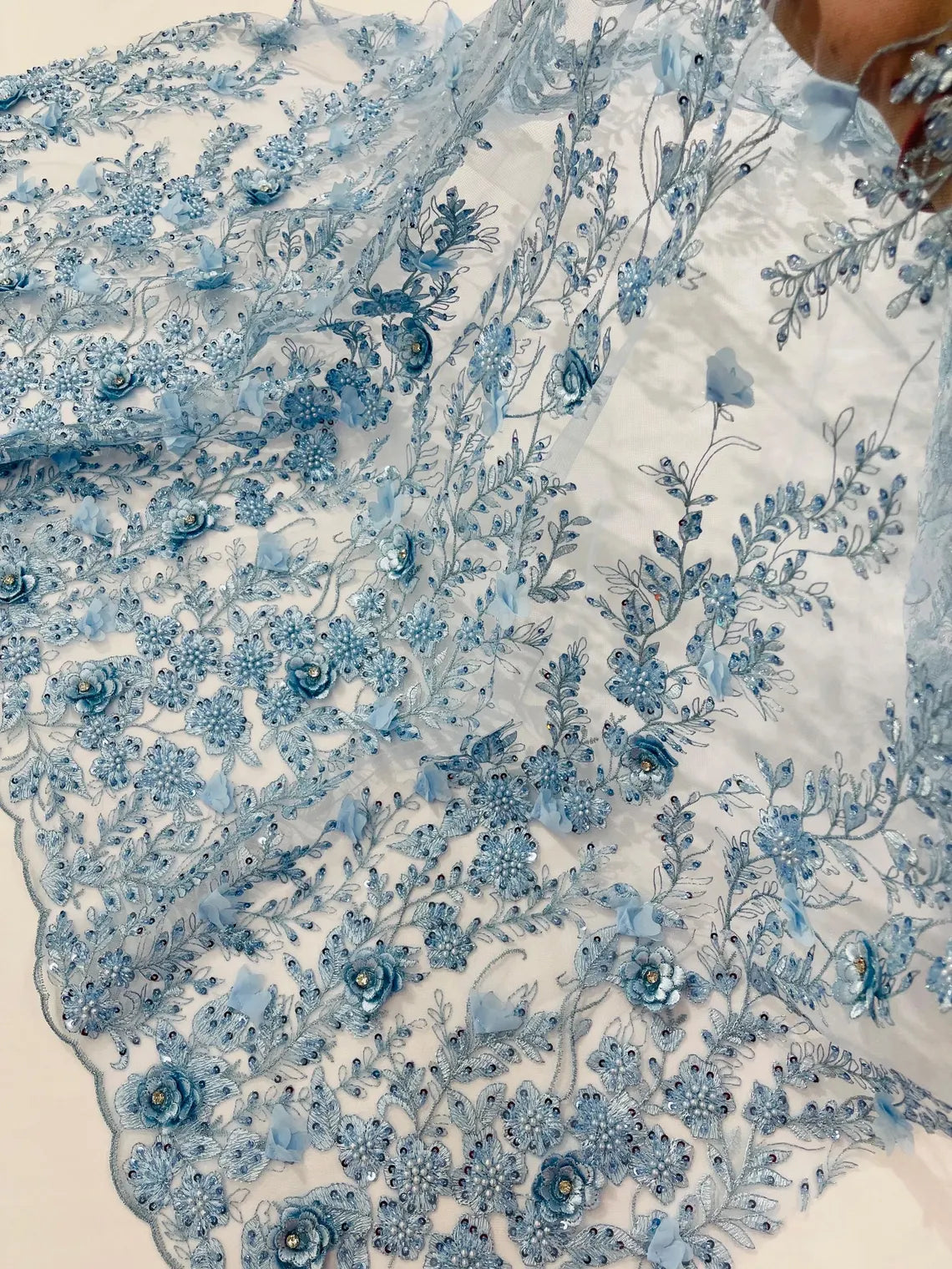 3D Flower Rhinestone Design - Baby Blue - Embroidered Flower Sequins Lace Fabric By Yard