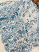 3D Flower Rhinestone Design - Baby Blue - Embroidered Flower Sequins Lace Fabric By Yard