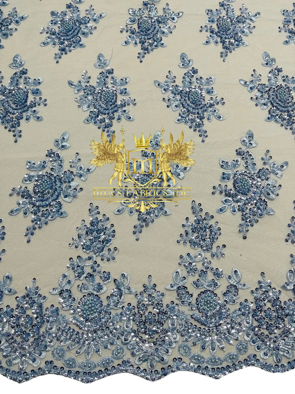Floral Beaded Fabric - Baby Blue - Embroidered Beaded Flowers Cluster Design on a Mesh Sold By Yard